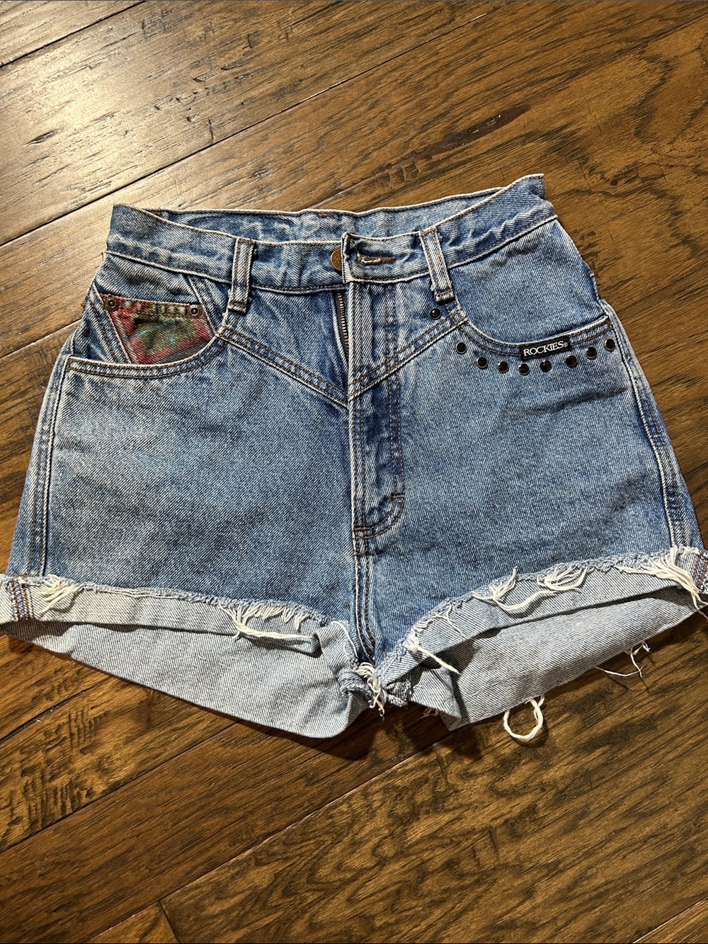 ROCKIES Light Blue High-Waist Studded Cuffed Denim Shorts